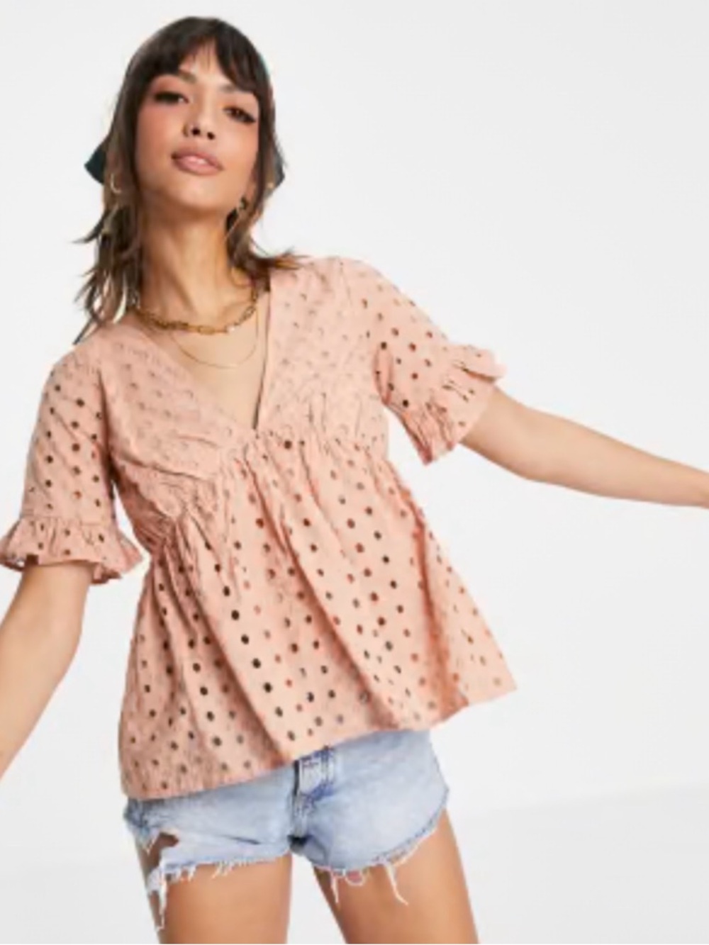 ASOS Women’s Pink Eyelet V-Neck Peplum Top